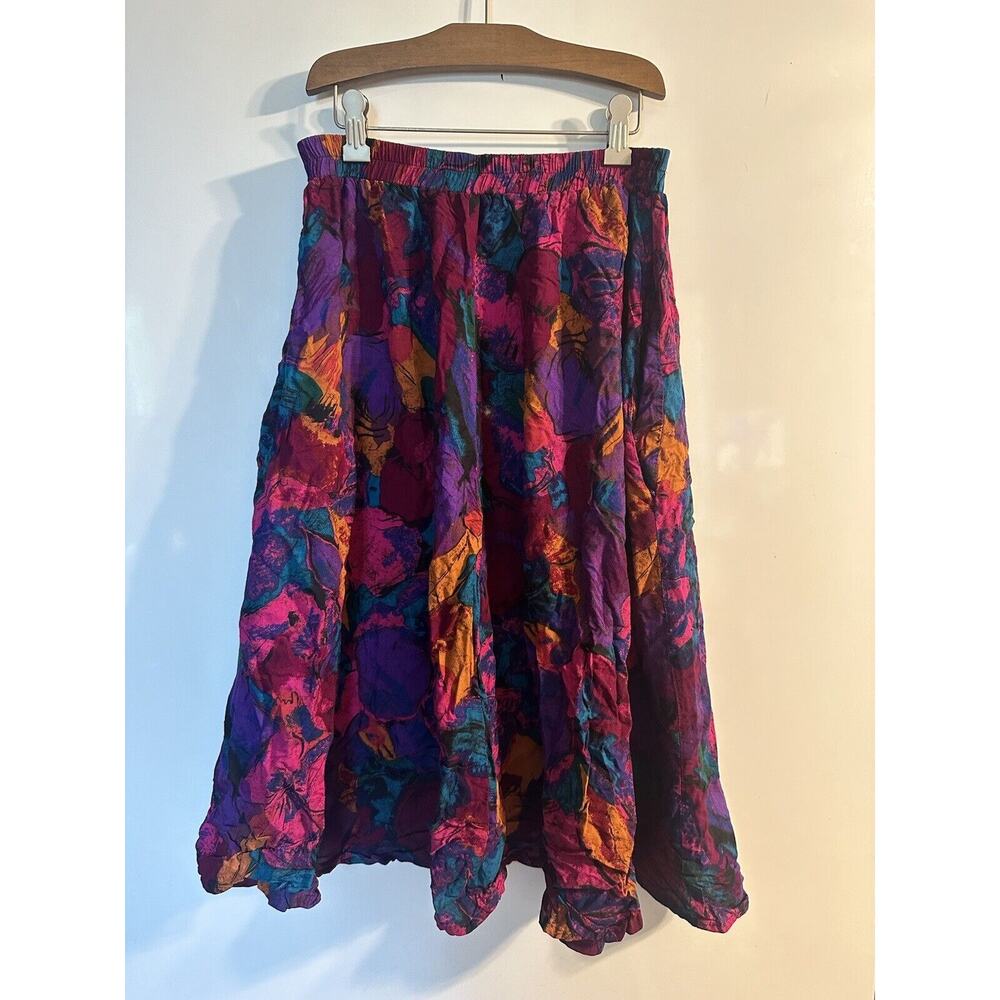 Vintage Flowy Skirt Rayon Colorful Bold Abstract Gypsy Low Rise Pockets USA - L
